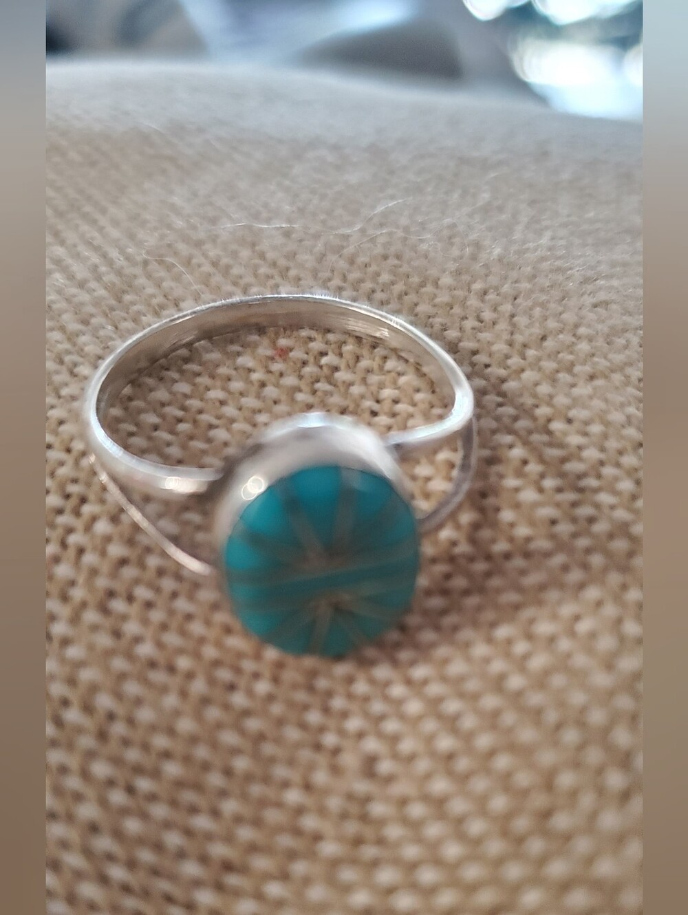 Vintage Zuni Nick Garcia NG Sterling Silver Turquoise Sunburst Inlay Ring Size 9
